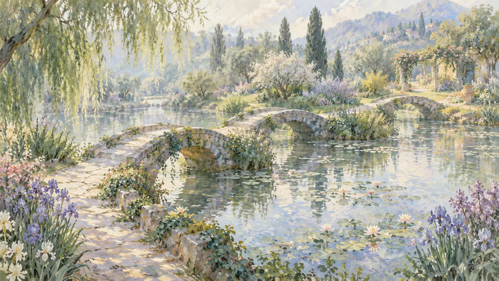 Garden bridges crossing a pale pond
