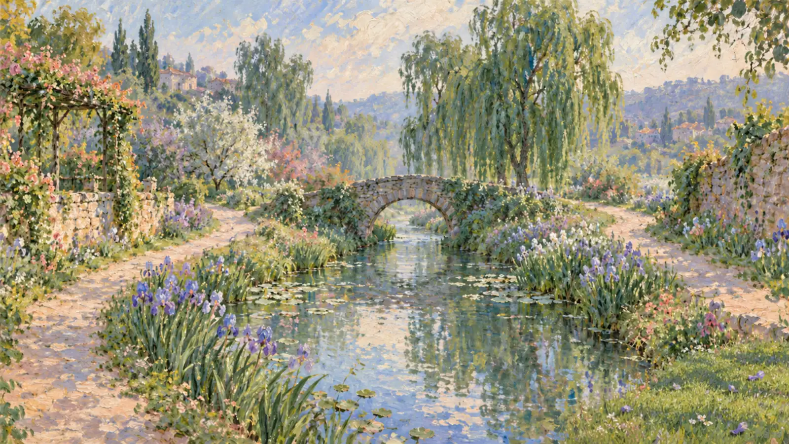 Garden paths meeting at a small bridge over a stream