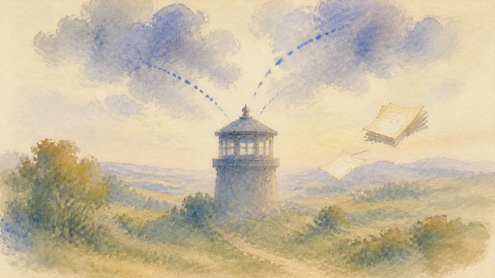 Watercolor cloud watchtower recording crawler requests across a distribution