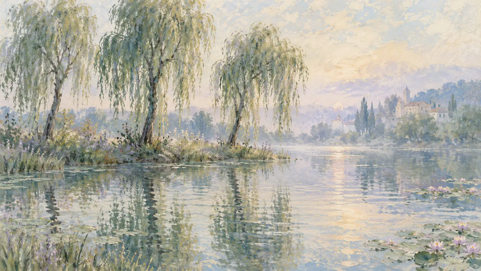 Soft impressionist willow trees reflected in a pond with gentle ripples