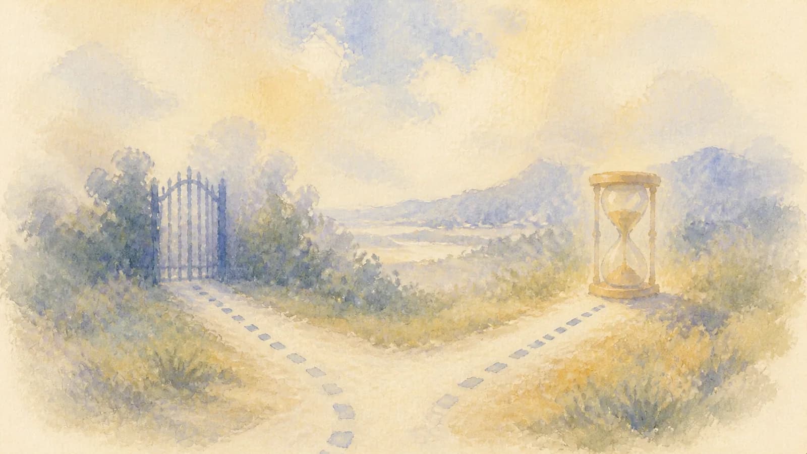 Watercolor crawler path meeting a locked gate and an hourglass barrier