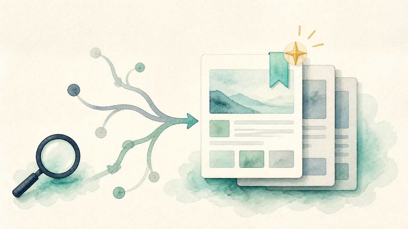 Watercolor search paths leading to a bookmarked publication selected as a trusted source