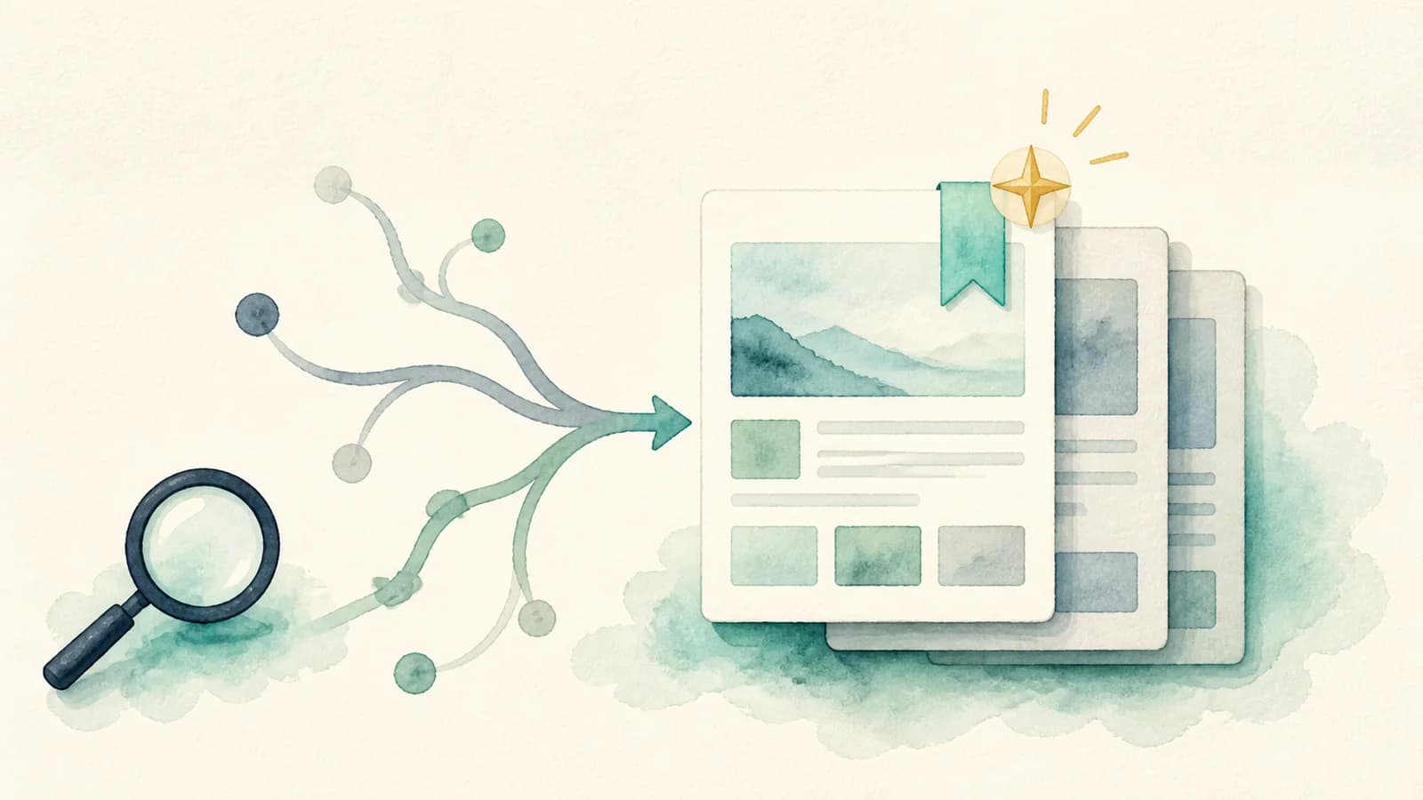 Watercolor search paths leading to a bookmarked publication selected as a trusted source