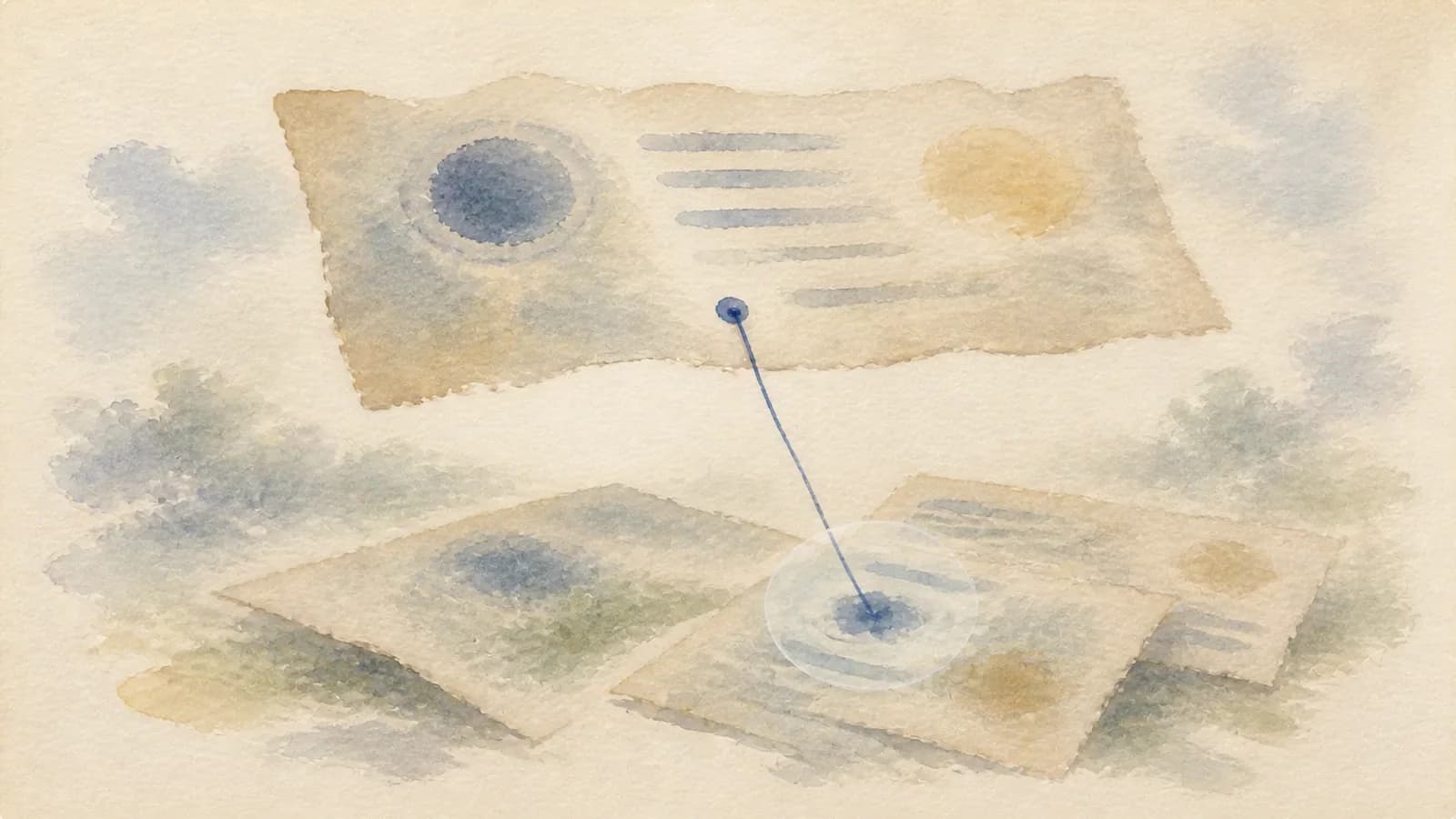 Watercolor answer scroll linked by a thread to cited source pages