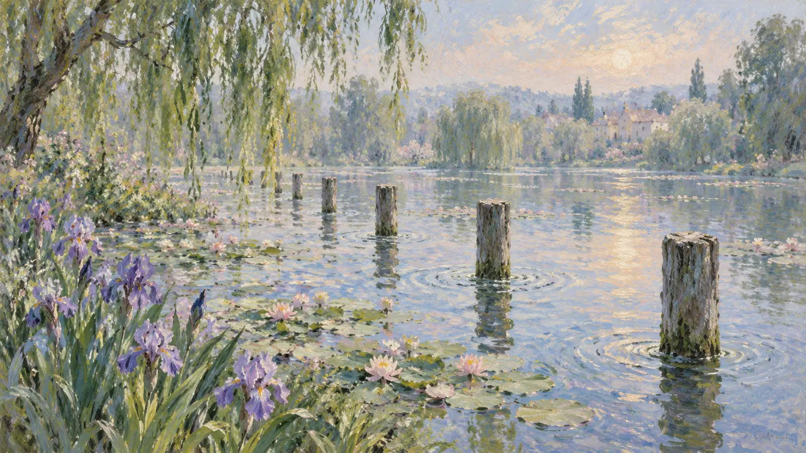 Soft impressionist pond with wooden posts, reflections and gentle ripples