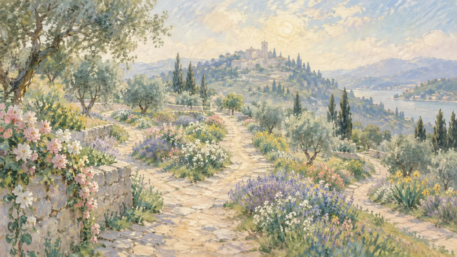Soft impressionist garden paths rising through flowers toward a distant hill