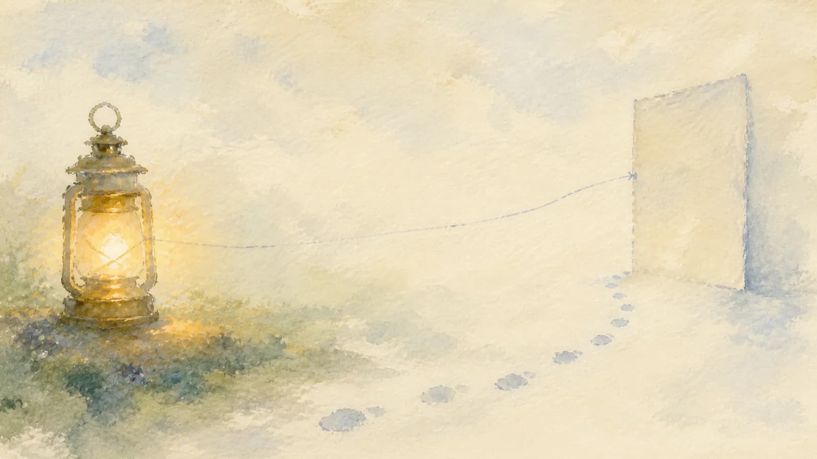Watercolor trail of human footprints from an AI lantern to a website