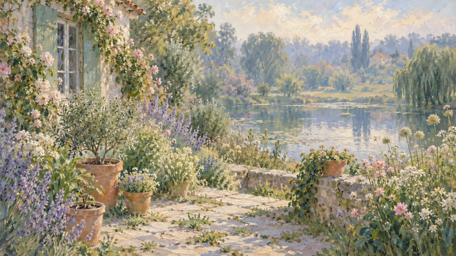 Soft impressionist cottage garden with terracotta pots and young plants beside a pond