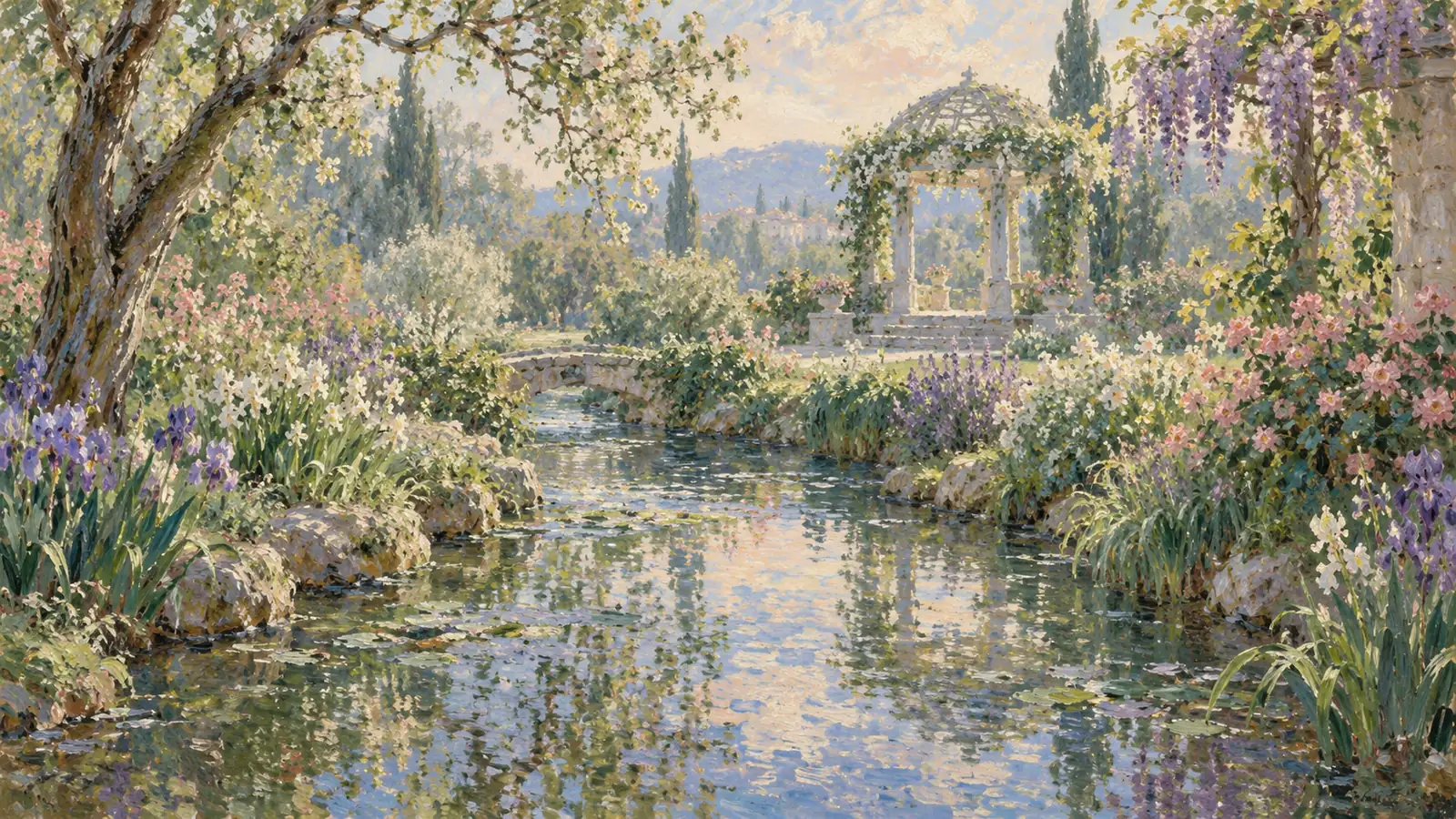 Soft impressionist stream winding through flowers toward a garden pavilion