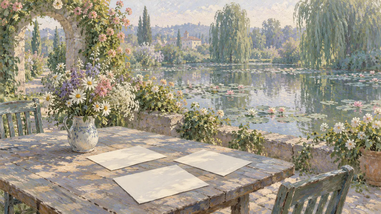 Soft impressionist garden table with blank papers and flowers overlooking a lily pond