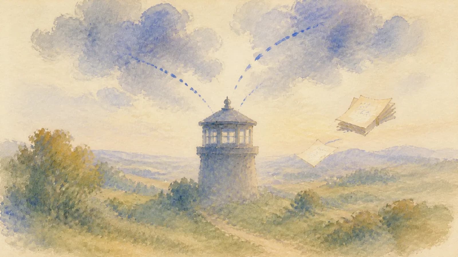 Watercolor cloud watchtower recording crawler requests across a distribution