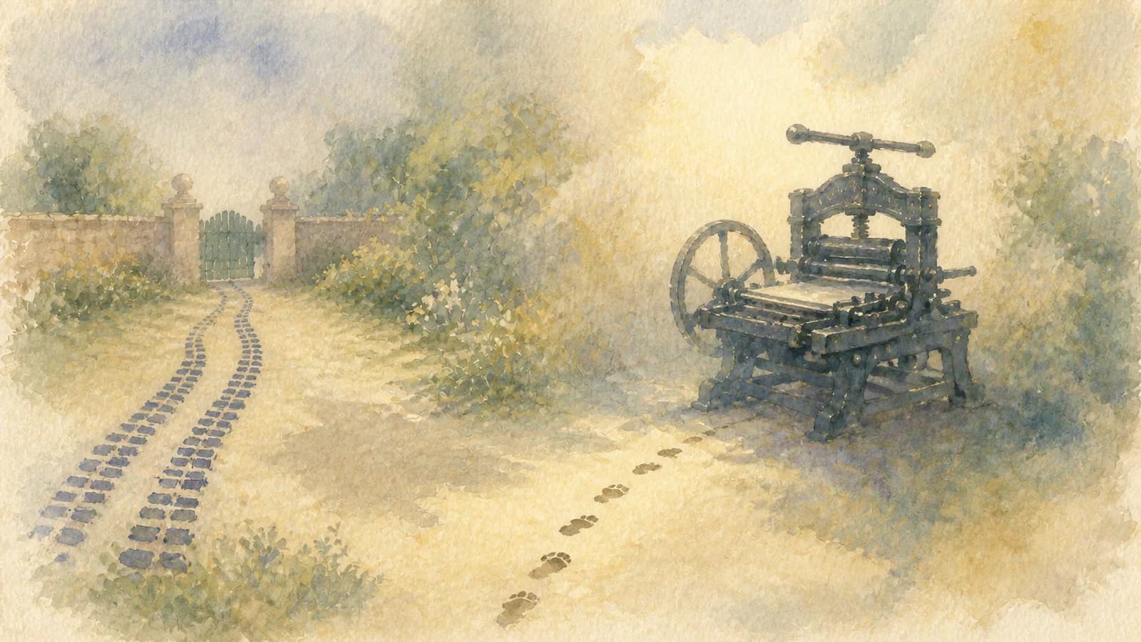 Watercolor printing press with crawler tracks stopping at outer gates
