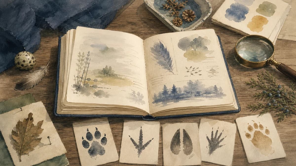 Watercolor field guide with varied crawler tracks and observation notes