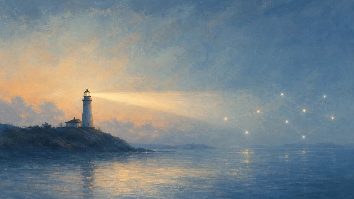 Painterly lighthouse beam reaching faint connected stars