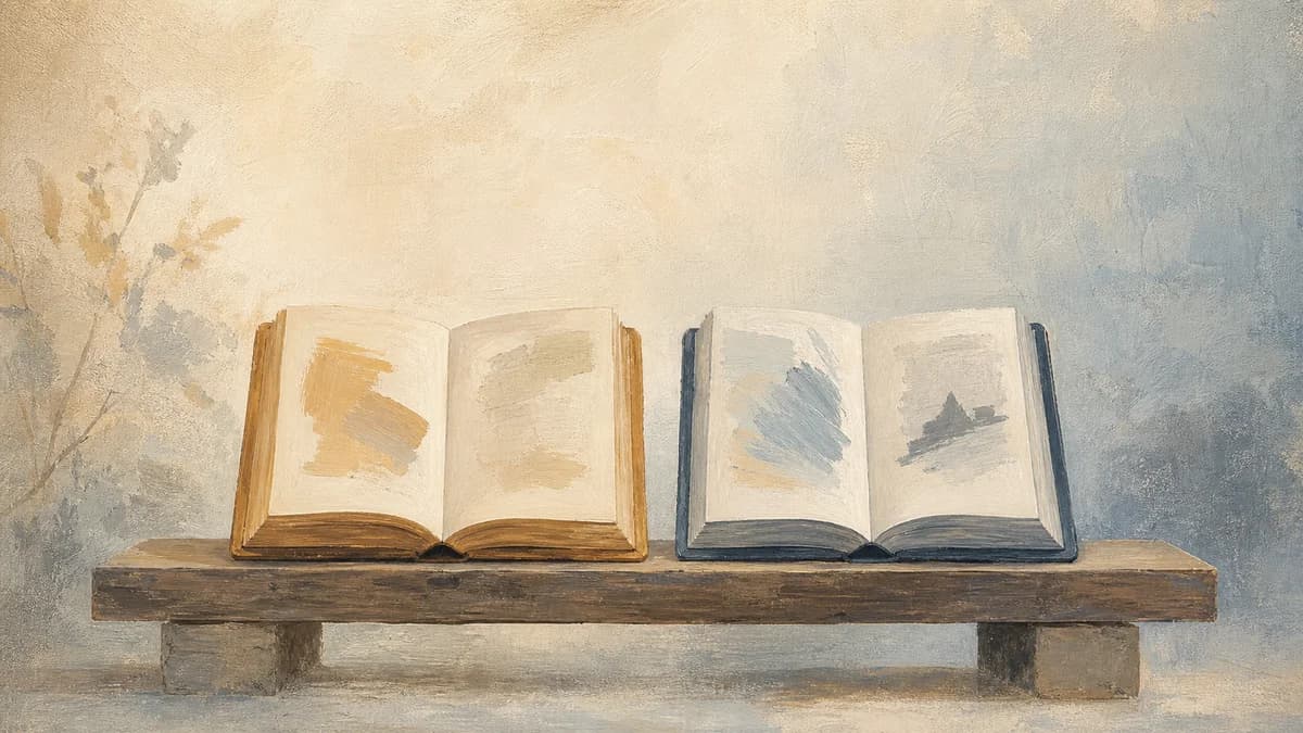 Two open books in ochre and blue resting side by side