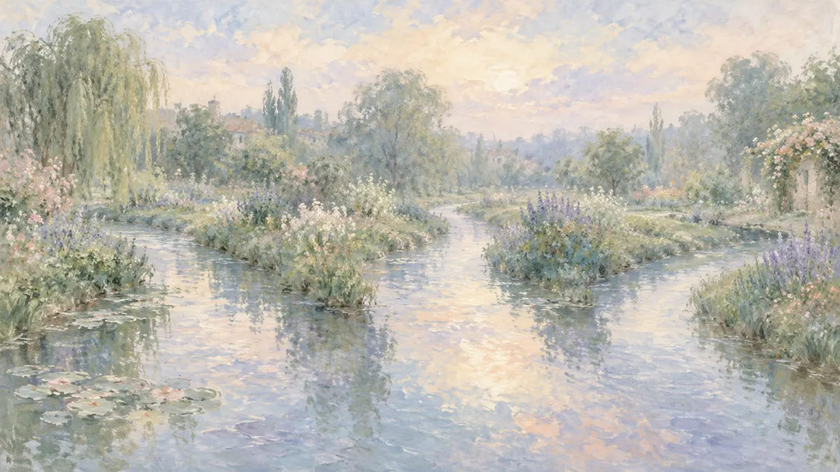 Three quiet streams cross a pastel garden under a pale sky in a soft impressionist painting.