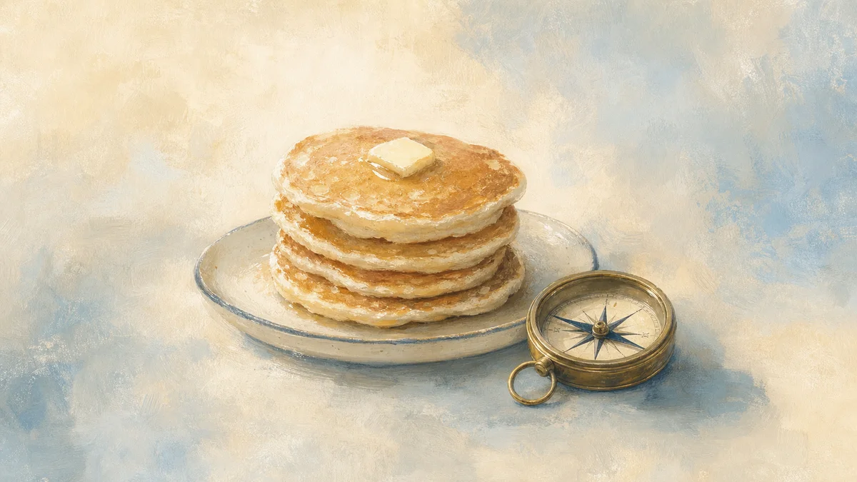 Painterly stack of pancakes beside a brass compass