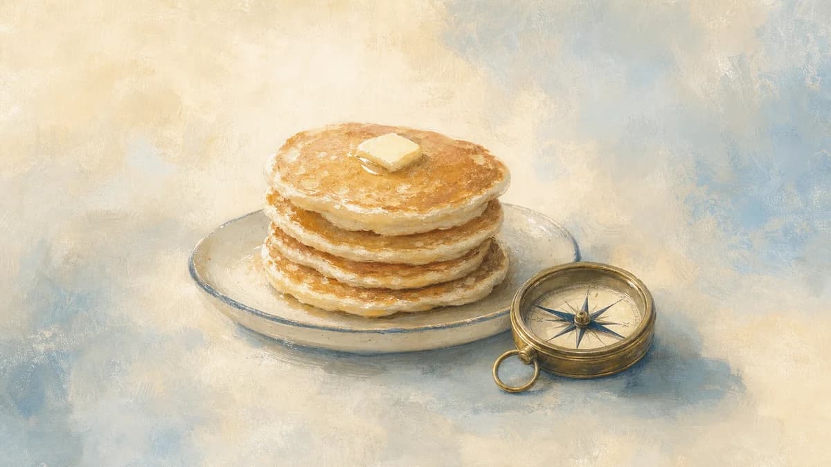 Painterly stack of pancakes beside a brass compass