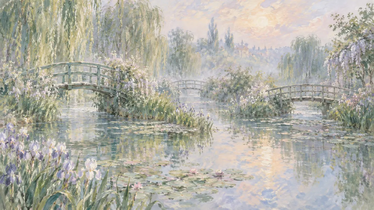 Three small wooden bridges cross a misty water garden among pale irises and willows.