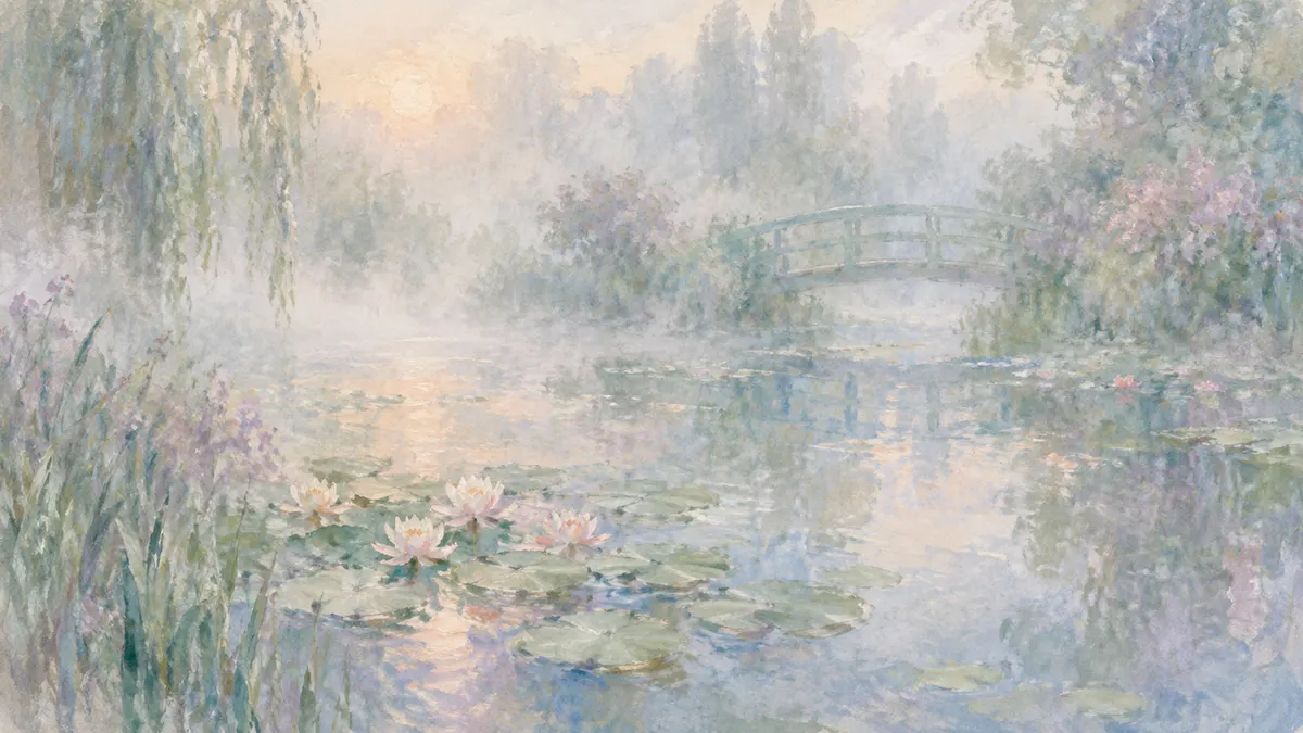Water lilies emerge through morning mist beside a faint footbridge in a pale impressionist pond.