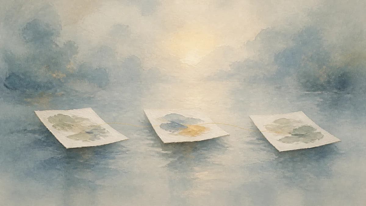 Painterly paper sheets crossing a calm blue pool