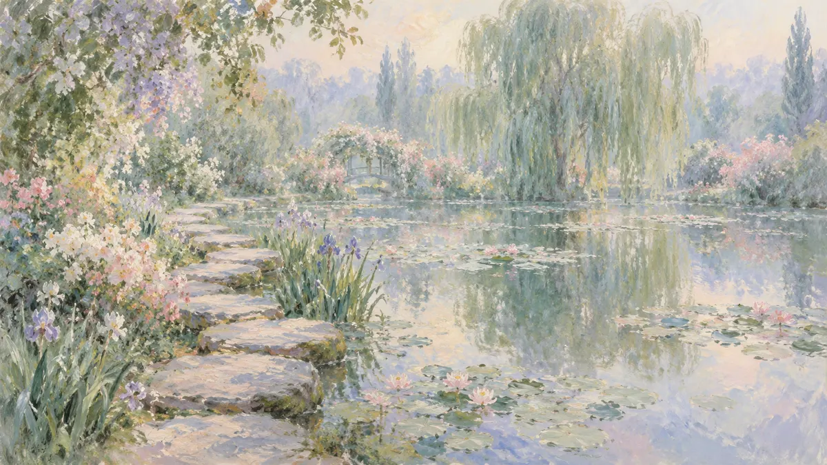 Pale stepping stones follow a lily pond toward a willow garden in a soft impressionist painting.