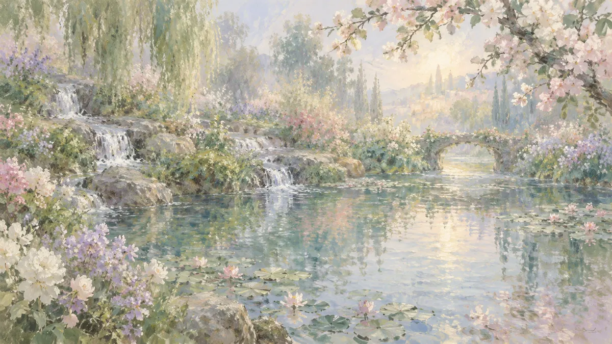 Small garden streams flow into a pale lily pond beneath flowering branches in a soft impressionist painting.