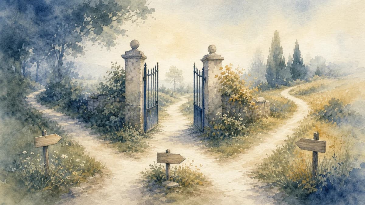 Watercolor garden gate with paths representing crawler access rules